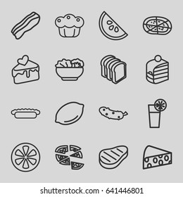Slice icons set. set of 16 slice outline icons such as lemon, piece of cake, pizza, cucumber, bread slices, cake slice, cocktail, beef, pie, food, bacon, watermelon