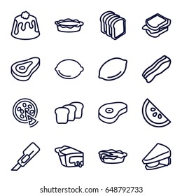 Slice icons set. set of 16 slice outline icons such as beef, lemon, cutter, sandwich, bread slices, pie, pizza, bacon, bread