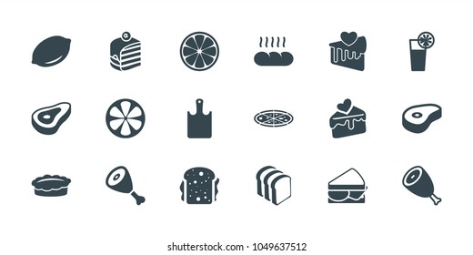 Slice icons. set of 18 editable filled slice icons: beef, lemon, piece of cake, bread slices, sandwich, cake slice, cocktail, bread, chopping board, pizza