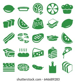 Slice icons set. set of 25 slice filled icons such as lemon, pizza, piece of cake, cucumber, sandwich, bread slices, pie, beef, bacon, bread, chopping board, watermelon
