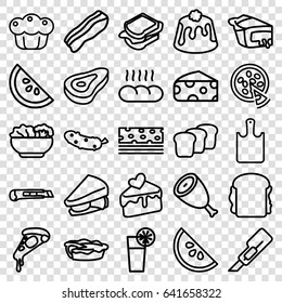 Slice icons set. set of 25 slice outline icons such as beef, cheese, cutter, pizza, sandwich, cucumber, pie, cake slice, cocktail, food, bacon, bread, chopping board