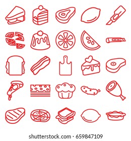 Slice icons set. set of 25 slice outline icons such as beef, lemon, cutter, pizza, piece of cake, sandwich, cucumber, pie, cake slice, bacon, chopping board