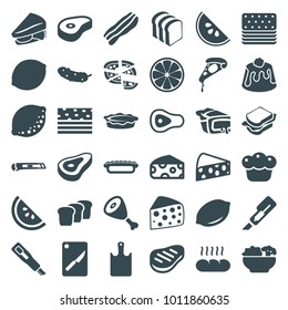 Slice icons. set of 36 editable filled slice icons such as beef, cheese, lemon, cutter, pizza, sandwich, cucumber, bread slices, pie, piece of cake, food, bacon, bread