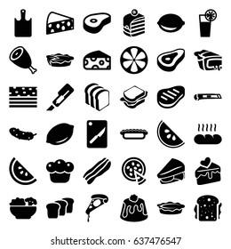 Slice icons set. set of 36 slice filled icons such as beef, cheese, lemon, cutter, pizza, piece of cake, sandwich, cucumber, bread slices, pie, cake slice, cocktail, food