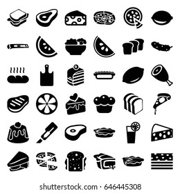 Slice icons set. set of 36 slice filled icons such as beef, cheese, lemon, cutter, pizza, piece of cake, sandwich, cucumber, bread slices, pie, cake slice, cocktail, food