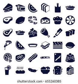 Slice icons set. set of 36 slice filled icons such as beef, cheese, lemon, cutter, pizza, piece of cake, sandwich, cucumber, bread slices, pie, cake slice, cocktail, food