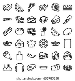 Slice icons set. set of 36 slice outline icons such as beef, cheese, lemon, cutter, pizza, piece of cake, sandwich, cucumber, pie, cake slice, cocktail, food, bacon, bread