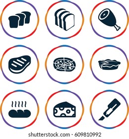Slice icons set. set of 9 slice filled icons such as beef, cheese, cutter, bread slices, pizza, pie