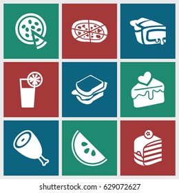 Slice icons set. set of 9 slice filled icons such as beef, piece of cake, sandwich, pizza, pie, cake slice, cocktail