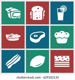Slice icons set. set of 9 slice filled icons such as lemon, sandwich, pie, beef, cocktail, bacon