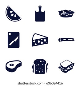 Slice icons set. set of 9 slice filled icons such as sandwich, pie, beef, cutter, chopping board and knife, chopping board, watermelon