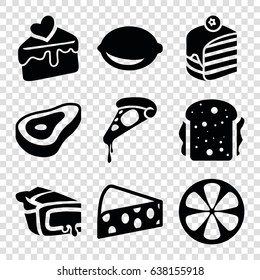 Slice icons set. set of 9 slice filled icons such as beef, pizza, piece of cake, sandwich, pie, lemon, cake slice