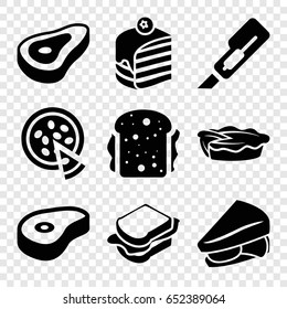 Slice icons set. set of 9 slice filled icons such as beef, cutter, piece of cake, sandwich, pie