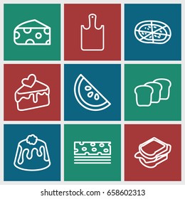 Slice icons set. set of 9 slice outline icons such as cheese, sandwich, pizza, pie, cake slice, bread, chopping board, watermelon