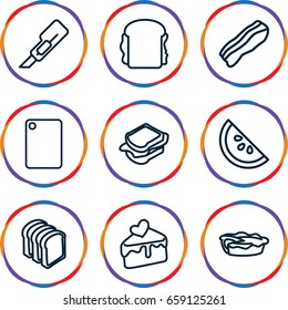 Slice icons set. set of 9 slice outline icons such as cutter, sandwich, bread slices, pie, cake slice, bacon, chopping board and knife