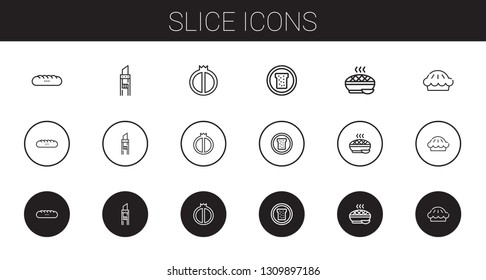 slice icons set. Collection of slice with baguettes, cutter, watermelon, bread, pie. Editable and scalable slice icons.