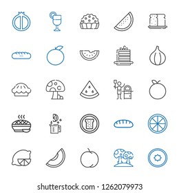 slice icons set. Collection of slice with kiwi, mushroom, peach, melon, lemon, orange, bread, lime, pie, tangerine, pizza, watermelon, fig. Editable and scalable slice icons.
