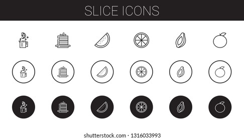 slice icons set. Collection of slice with lime, cake slice, watermelon, orange, papaya. Editable and scalable icons.
