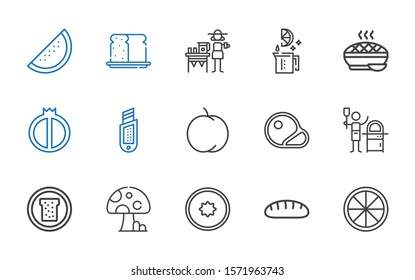slice icons set. Collection of slice with orange, bread, kiwi, mushroom, pizza, steaks, peach, cutter, watermelon, pie, lime, lemonade. Editable and scalable slice icons.