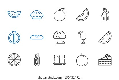 slice icons set. Collection of slice with piece of cake, peach, bread, cutter, orange, watermelon, juice, mushroom, baguettes, lime, melon. Editable and scalable slice icons.