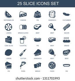 slice icons. Trendy 25 slice icons. Contain icons such as watermelon, cheese, pie, sandwich, cucumber, lemon, bread slices, beef, bacon, cake slice. slice icon for web and mobile.