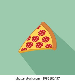 Slice of italian pepperoni pizza on blue background with shadow, side view
