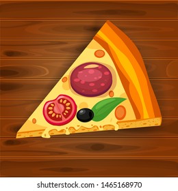 Slice of Italian pizza with different ingredients tomato, cheese, olive, sausage, basil. Traditional italian fast food. Top view meal on wood board. European traditional snack. Isolated white