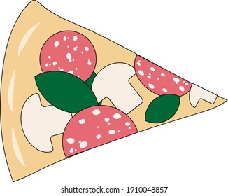 Slice of italian pizza with salami, cheese, mashrooms and basil. Fast food