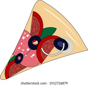 Slice of italian pizza with salami, olive, tomato, basil, onion. Fast food. Vector graphic