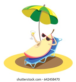 A slice of a juicy apple in black glasses rests under a green umbrella on the beach on a sunbed and drinks a fruit cocktail