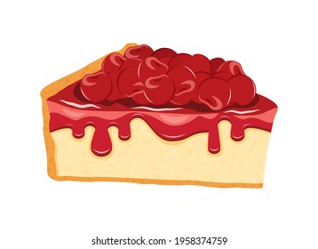 Corta de jugoso Cheesecake de cerezo con un vector de icono de hielo rojo. Delicioso icono de tarta de cerezo fresco aislado en un fondo blanco. Pedazo de tarta dulce con vector de cerezas
