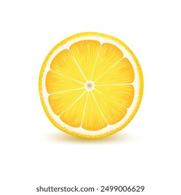 Slice of juicy ripe realistic lemon, on white background.