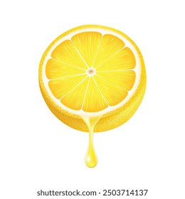 Slice of juicy ripe realistic lemon with drop, on white background.