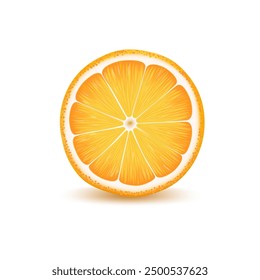 Slice of juicy ripe realistic orange, on white background.