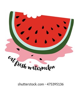 Slice of Juicy Watermelon, with a bite taken off and the spilled juice