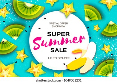 Slice of kiwi and carambola. Banana Super Summer Sale Banner in paper cut style. Origami juicy ripe green yellow slices. Healthy food on blue. Circle frame for text. Summertime.
