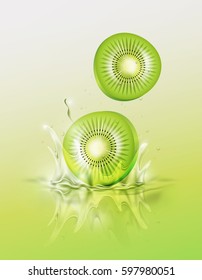 Slice Kiwi drop on juice splash and ripple, Realistic Fruit and yogurt, transparent, vector illustration