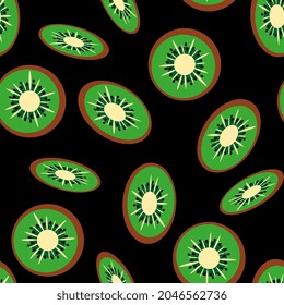 Slice of kiwi fruit on black background. Summer seamless pattern. Flat style. Vector illustration.