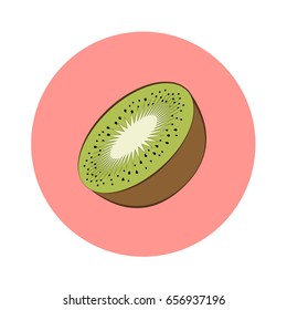 Slice of kiwi fruit in pink circle. Flat design. Vector illustration.