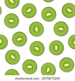 Slice Kiwi Fruit Seamless Pattern On A White Background. Fresh Kiwi Theme Vector Illustration