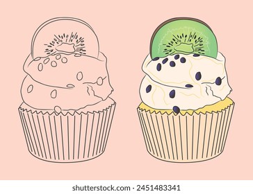 Сupcake with a slice of kiwi and sweet soft cream. isolated image of a sweet dessert