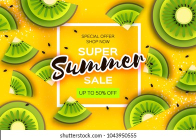 Slice of kiwi. Top view. Kiwi Super Summer Sale Banner in paper cut style. Origami juicy ripe green slices. Healthy food on yellow. Square frame for text. Summertime.