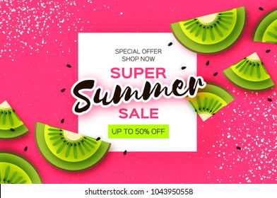 Slice of kiwi. Top view. Kiwi Super Summer Sale Banner in paper cut style. Origami juicy ripe green slices. Healthy food on pink. Square frame for text. Summertime.