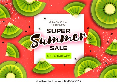 Slice of kiwi. Top view. Kiwi Super Summer Sale Banner in paper cut style. Origami juicy ripe green slices. Healthy food on red. Square frame for text. Summertime.