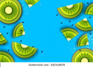 Slice of kiwi.Top view. Kiwi Super Summer in paper cut style. Origami juicy ripe green slices. Healthy food on blue. Summertime.