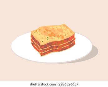 Slice of lasagna. Dishes on plate. Italian food. Italian cuisine. Vector illustration