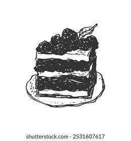 Slice of Layered Cake with Berries - Hand-Drawn Line Art. Detailed black and white illustration of layered cake slice topped with berries. Perfect for dessert projects, bakery menus, and sweet treat.