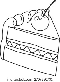 Slice of layered cake with cherry and cream, clean contour linework. Dessert wedge with piped topping and fruit, outlined sketch style. Cartoon vector illustration