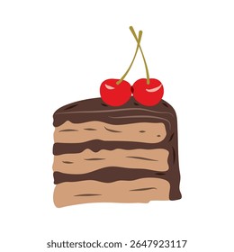 A slice of layered cake with chocolate frosting, red jam, whipped cream, and a cherry topping creates a sweet treat design Use for dessert or food themes.
