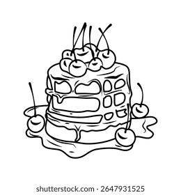 A slice of layered cake with chocolate frosting, red jam, whipped cream, and a cherry topping creates a sweet treat design Use for dessert or food themes.